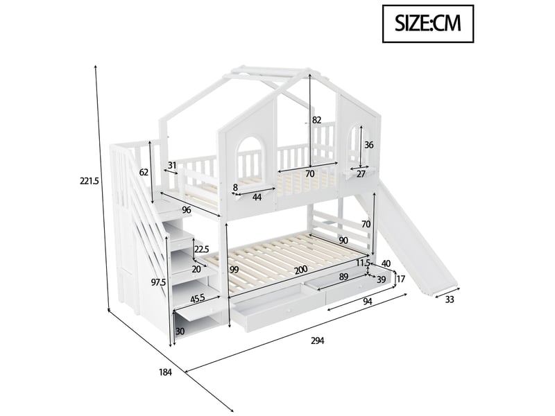  Modenvie lit superpose enfant 90x200 cm - avec toboggan, rangement integre et sommier inclus - blanc  - Conforama C