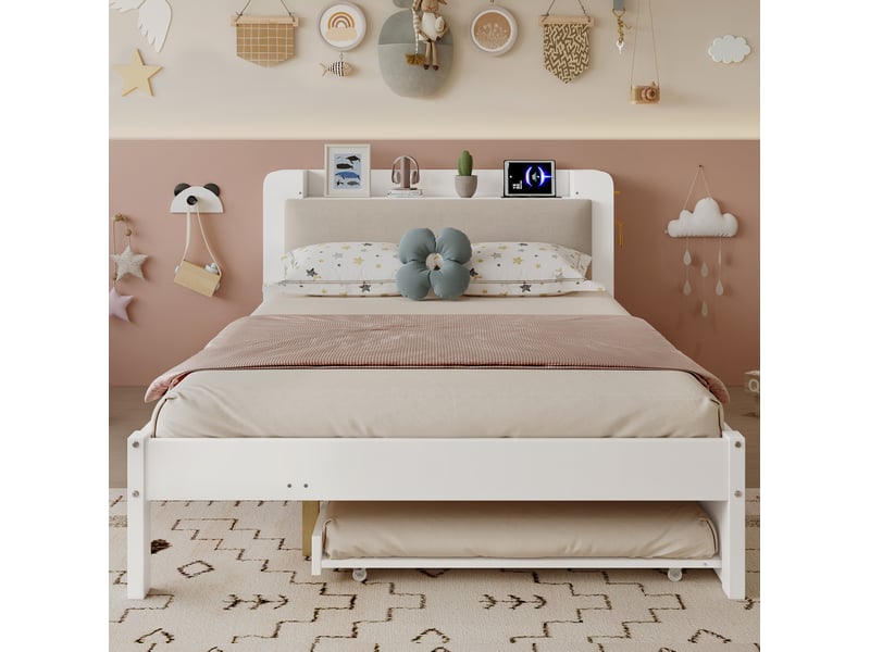  Lit fonctionnel 120x200 cm blanc avec lit gigogne 90x190 cm et tête de lit  - Conforama E