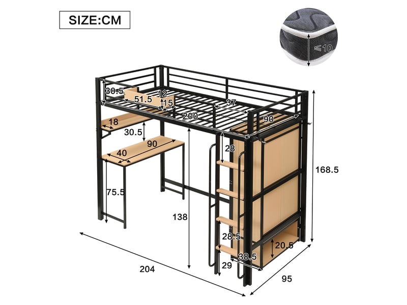  Lit mezzanine 204x95x168,5 cm avec armoire double porte et bureau, métal et mdf noir et naturel sans matelas  - Conforama C