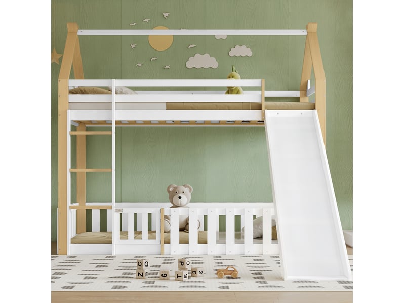  Lit superposé enfant 90x200 cm, toboggan, espace de jeu, toit, 1 sommier, structure mdf, blanc naturel, sans matelas  - Conforama B