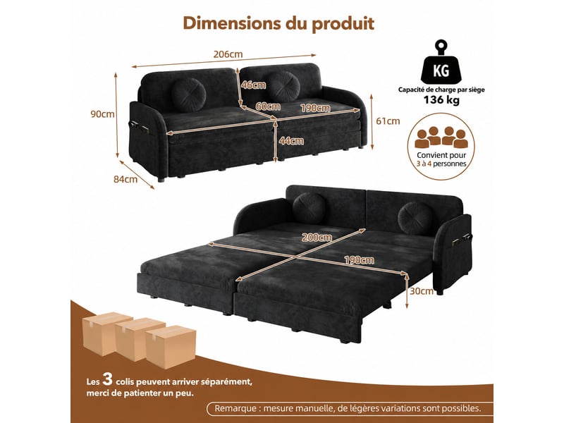 Canapé 3 places convertible en chenille, 206 x 84 x 90 cm, lit coulissant avec dossier réglables et poches de rangement, noir - Conforama C