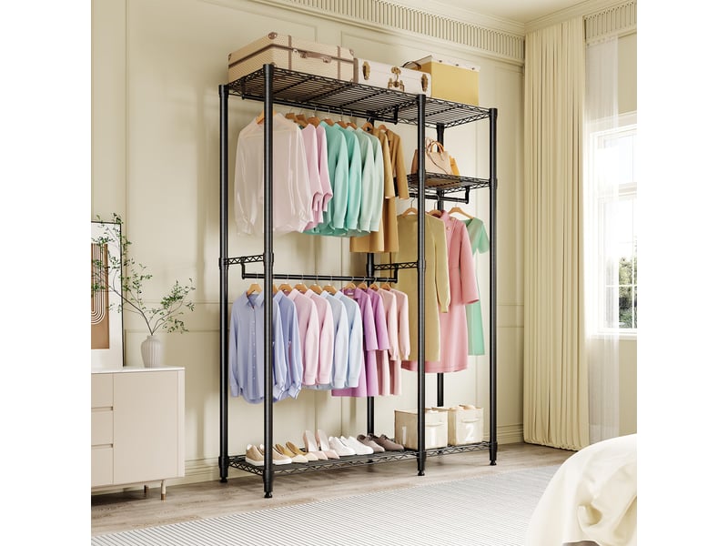  Portant à vêtements en métal robuste – 3 tringles &amp; étagères réglables – rangement autoportant grand capacité – 2x3 étages PHK_36PB8MN7 - Conforama B