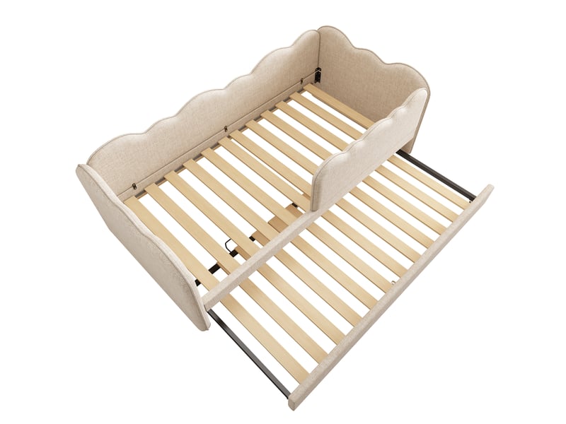 Lit enfant gigogne 90x190 cm forme de nuage unique et design en forme de l sommier lattes, lin beige, sans matelas - Conforama E