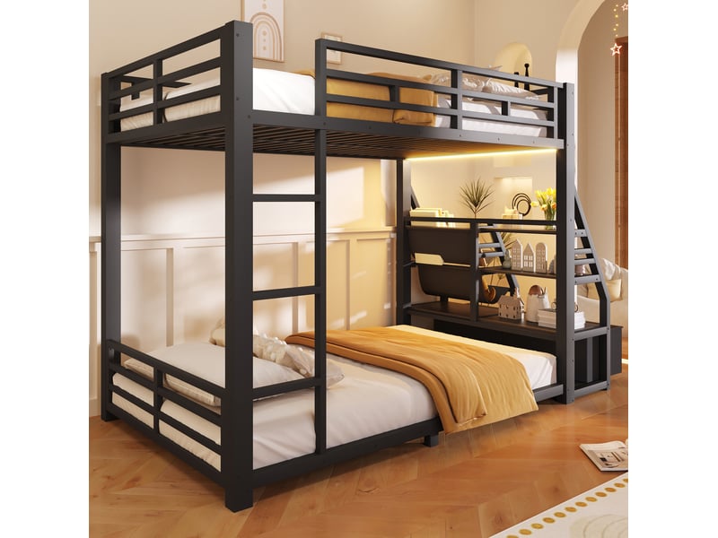 Lit superposé 90x200 cm en métal noir avec éclairage led et 2 tiroirs  - Conforama B