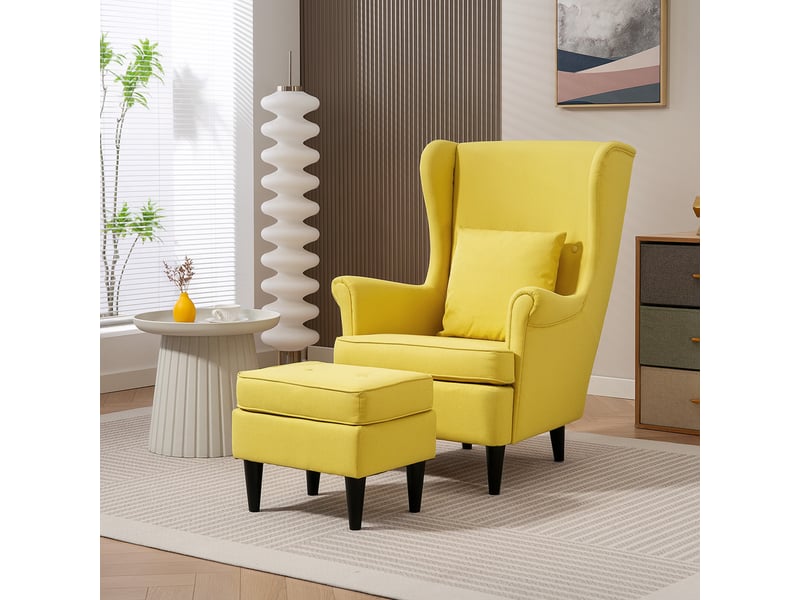  Fauteuil à oreilles avec repose-pieds, fauteuil rembourré avec pieds en bois d'hévéa, revêtement en tissu, jaune  - Conforama D