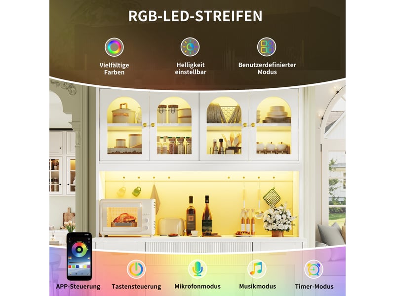 Armoire haute blanche 120cm, led rgb, contrôle app, 3 vitrines verre, tiroirs, plateaux roulants 2 côtés, cuisine & salle à manger - Conforama D
