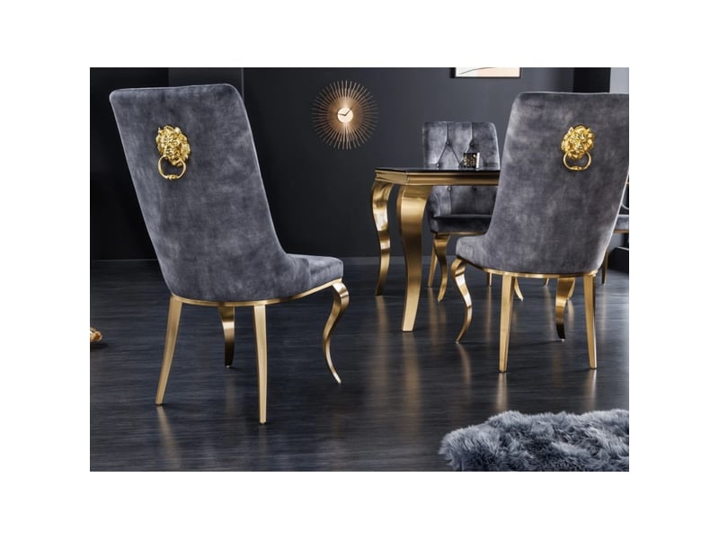  Lot de 2 chaises baroques velena en velours gris capitonné avec pieds dorés et tête de lion  - Conforama E