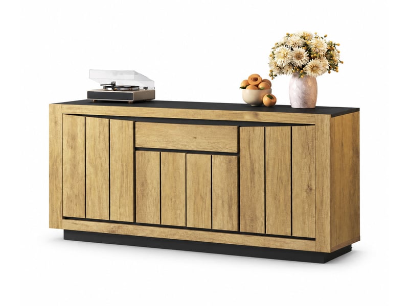  Buffet bas 140x40x60 cm avec 4 portes et 1 tiroir, meuble de rangement salon salle à manger, design bois et noir - mdf-noirbois  - Conforama A