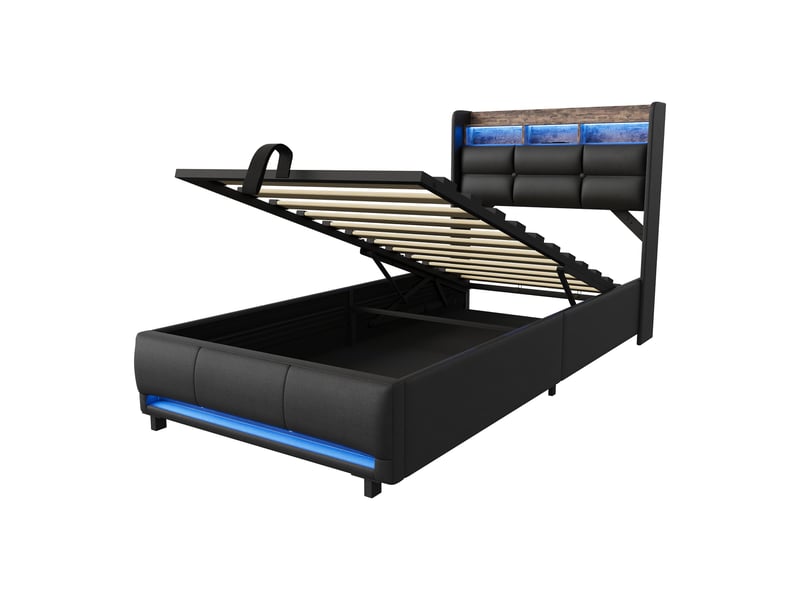  Lit simple coffre 90x200, rangement tête de lit et hydraulique, led tête et pied de lit, ports usb et type-c, revêtement pu noir  - Conforama A