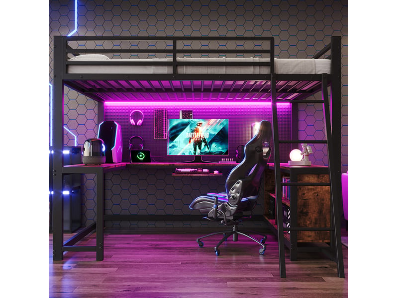  Lit mezzanine adulte 120x200 cm noir décor bois vintage métal et mdf, bureau 3 côtés avec led et rangement  - Conforama B