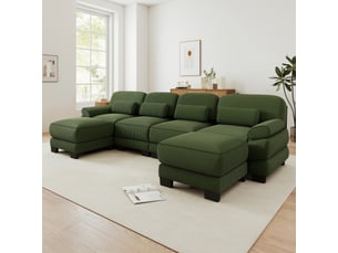 Canapé panoramique modulable 336 cm 4 places avec 2 poufs, design carré épuré, base et accoudoirs à matelassage en canaux, velours côtelé, vert