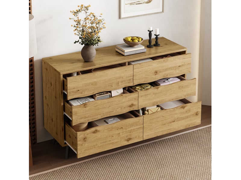  Buffet à 6 tiroirs 120x40x75.5 cm, pieds en métal noir, coloris naturel  - Conforama C