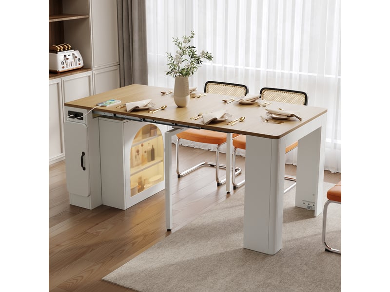 Îlot de cuisine mobile en bois 83x39.6-149.6x77cm avec table extensible à plateaux amovibles,led,usb et usb-c et rangements,mdf,blanc Sol Morn - Conforama D