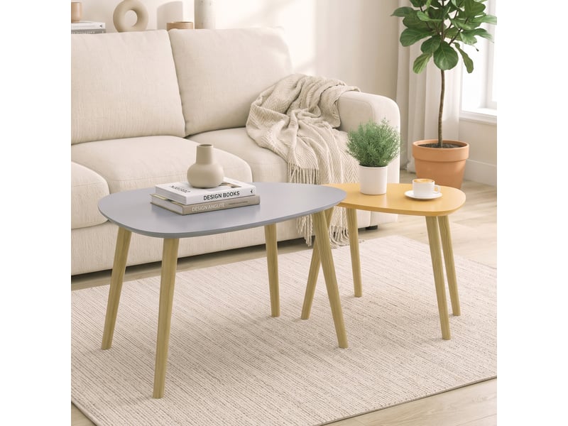  Lot de 2 tables basses gigognes design pieds scandinave en bois et plateau en bois, gris et jaune  - Conforama A