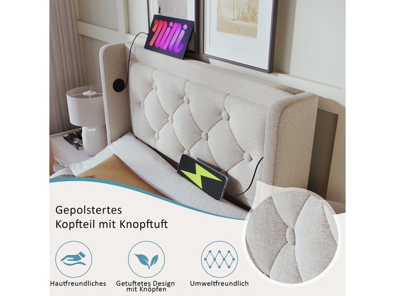  Lit rembourré 90x200 cm - usb-c - led - 2 tiroirs - gris avec matelas  - Conforama W