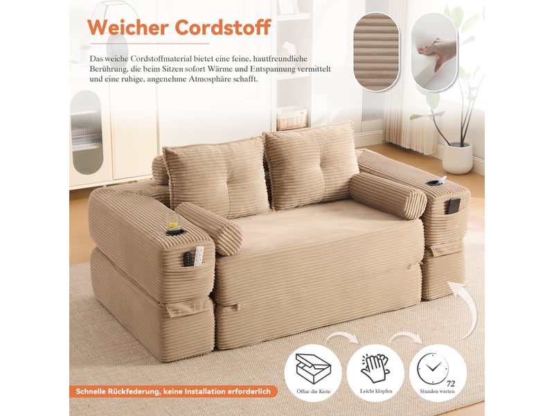  Canapé droit convertible 2 places en velours côtelé kaki 180x98x80 cm, porte-gobelet, poches, coussins, salon séjour 180x98x80cm - Conforama R