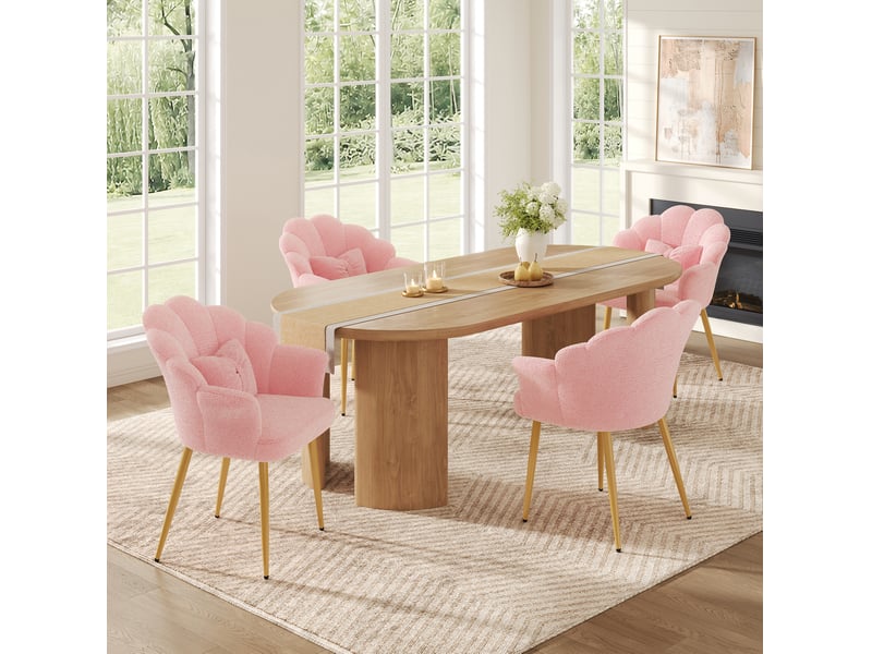  Lot de 4 fauteuils de salle à manger 64x65,5x85 cm, dossier pétale, coussins, tissu teddy, pieds en fer doré, rose  - Conforama B