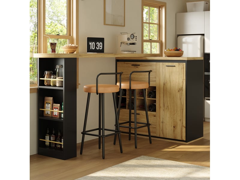  Bar extensible 138-220 x 39 x 105 cm, rangement intégré 2 tiroirs + casier vin, plateau effet bois mdf et métal, bois  - Conforama W