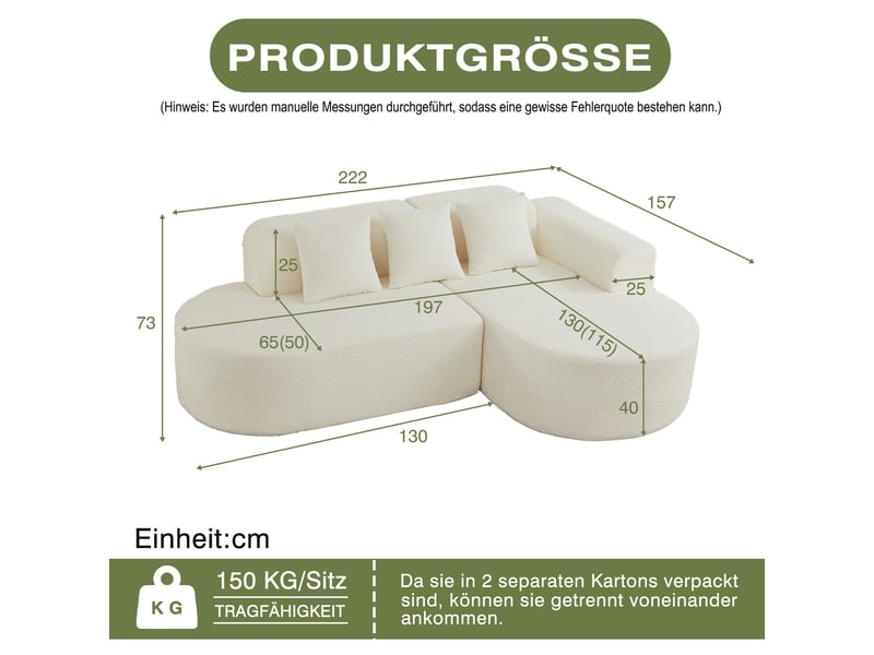 Canapé d’angle en l 3 places 222x157x73 cm avec méridienne droite, formes arrondies style wabi-sabi, 3 coussins dossier, chenille beige - Conforama D