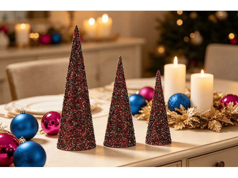  Cônes de noël krist+ bleu fuchsia pailletés lot de 3 S3612042 - Conforama D