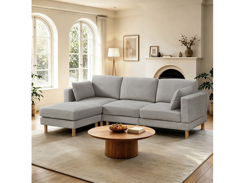  Canapé d'angle 3 places modenvie avec pouf et méridienne réversible 235 x 152 x 78 cm en polyester gris clair  - Conforama E