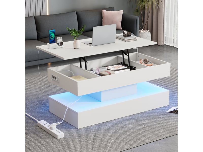 Table basse relevable avec led et rangement caché, table de salon blanche 100x50x42 cm, prises intégrées  - Conforama C