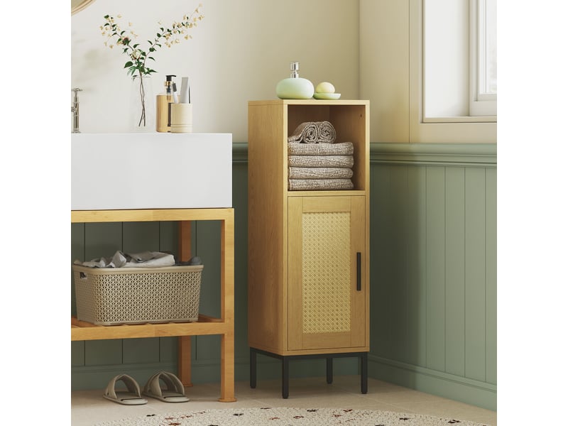 Meuble de salle de bain, meuble de salle de bain étroit sur pied avec étagère réglable, finition naturelle - Conforama C