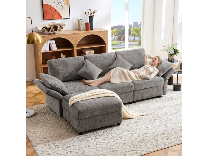 Canapé d'angle en l avec pouf modulable, 3 à 4 places en tissu chenille gris, accoudoirs réglables, idéal pour salon et appartement - Conforama B