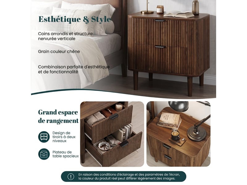  Table de chevet noyer avec 2 tiroirs, finition mdf, style vintage, 57x40x57 cm  - Conforama D