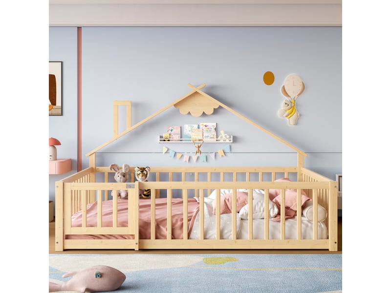 Lit cabane enfant 140 x 190 cm en bois de pin et mdf, avec barrière et serrure, naturel - Conforama D