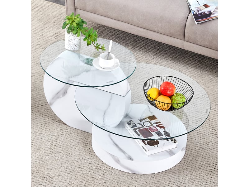 Table basse à deux niveaux avec plateaux en verre de sécurité, rangement ouvert, style moderne effet marbre pour salon - Conforama E