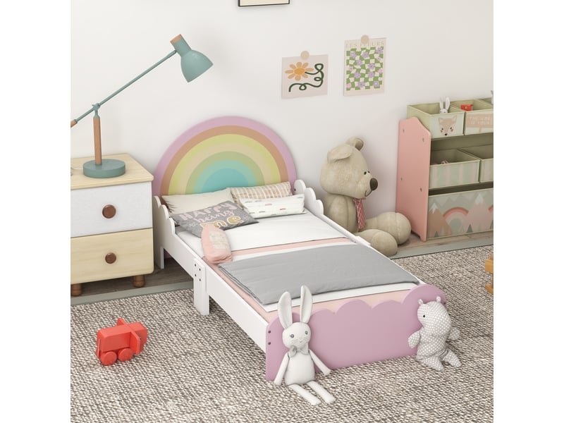  Arkswift, lit pour enfants de 3 à 6 ans 143 x 74 x 66 cm design arc-en-ciel sommier à lattes inclus chambre moderne rose  - Conforama D