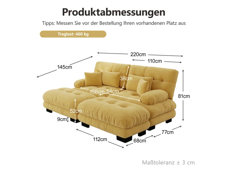  Canapé d'angle ulevr modulable 2 places avec 2 ottomans, chenille jaune, 220 x 145 x 81 cm  - Conforama C