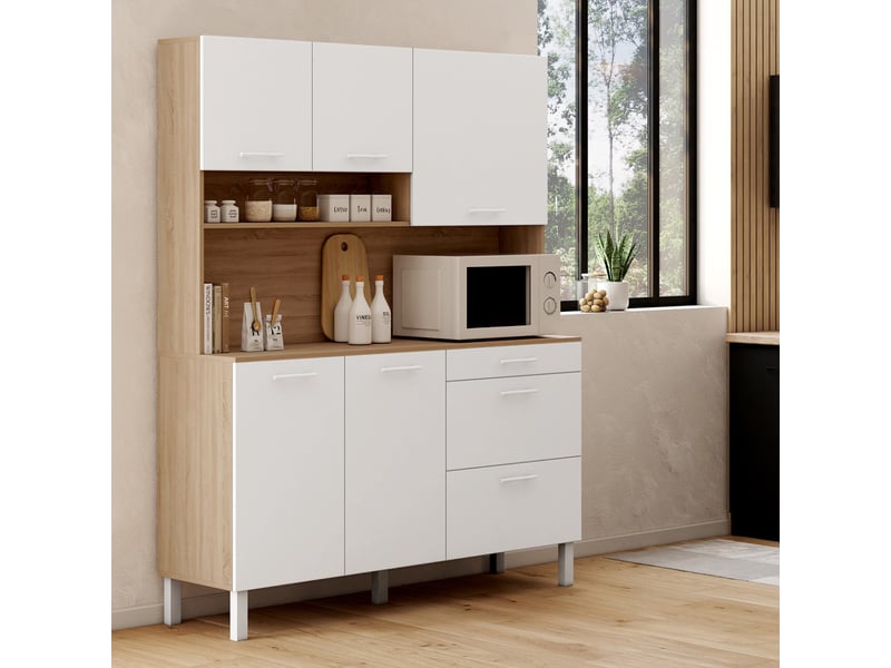  Buffet casserolier de cuisine 140 cm cina 5 portes + 3 tiroirs façon hêtre et blanc  - Conforama B