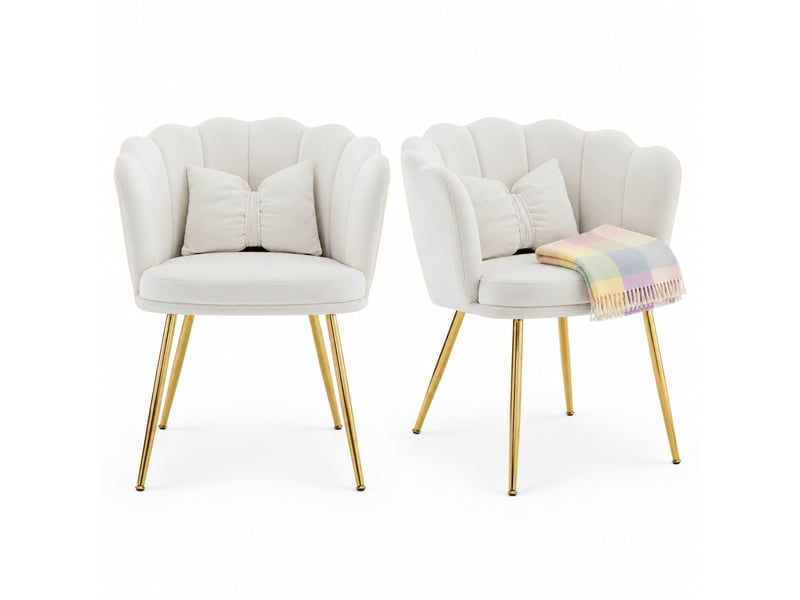  Lot de 2 fauteuils design 63x58x77 cm, dossier pétale, coussins papillon, velours, pieds métal doré, beige  - Conforama A