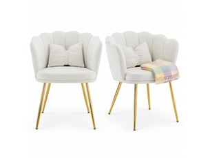 Lot de 2 fauteuils design 63x58x77 cm, dossier pétale, coussins papillon, velours, pieds métal doré, beige