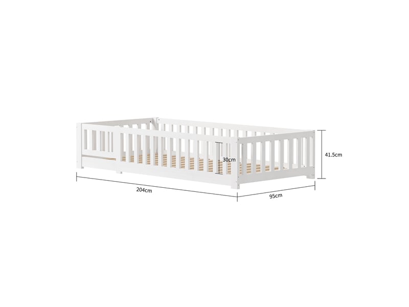  Lit enfant 90x200 cm, lit au sol avec barrière de sécurité et sommier à lattes, lits montessori pour garçons et filles, charge jusqu’à 100 kg, blanc  - Conforama C
