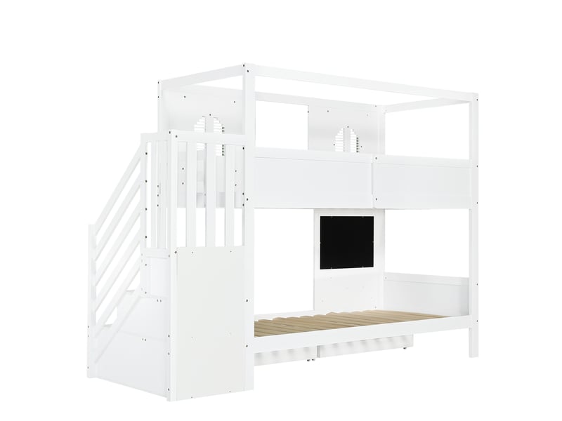  Lit superposé enfant avec escalier rangement, 2 tiroirs, panneau et crochets, fenêtres, 90x200cm, blanc et vert  - Conforama A