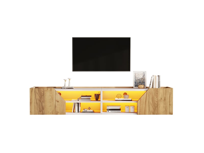  Meuble tv mural 180x36.5x40 cm avec led rgb bluetooth, blanc et aspect bois  - Conforama A