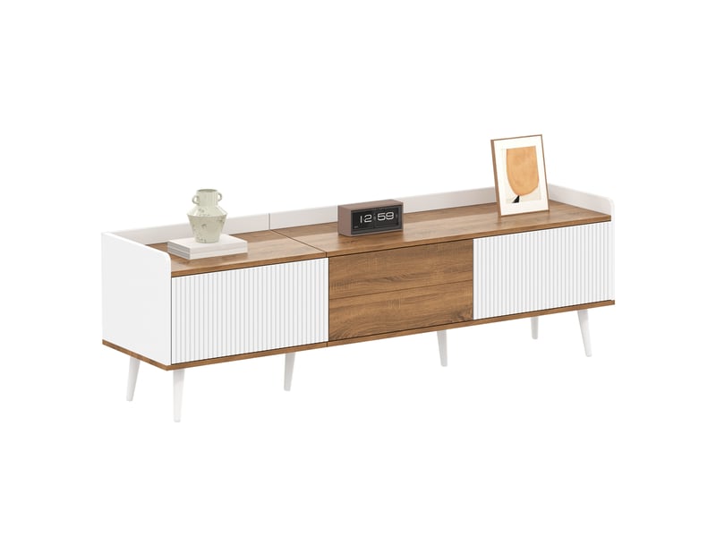  Meuble tv 160 cm avec 3 portes et bords surélevés - mdf et bois naturel - blanc et chêne  - Conforama A