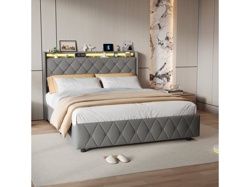  Lit double 160 x 200 cm gris – velours moelleux, tête de lit avec étagère &amp; veilleuse led, ports usbtype-c &amp; 4 tiroirs  - Conforama D