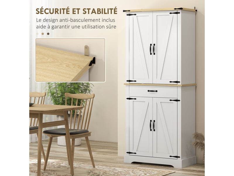  Armoire de cuisine buffet cuisine, 6 étagères à porte,1 tiroir et étagères réglables 76,5 x 40 x 181 cm blanc, 4 portes  - Conforama W