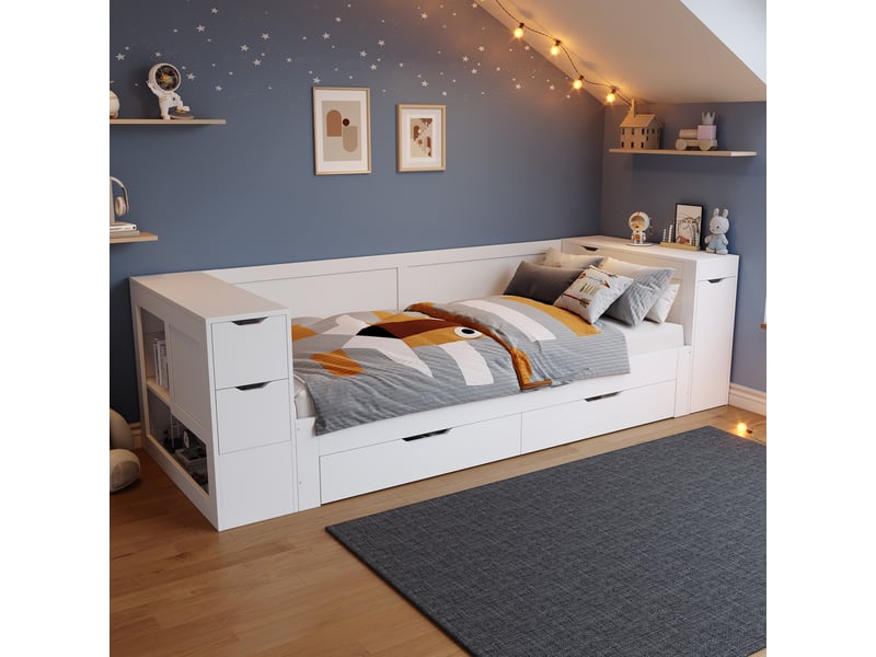  Lit enfant 90x200 lit banquette blanc, lit simple avec tiroirs et table de chevet, cadre de lit multifonction en bois, sommier inclus  - Conforama E