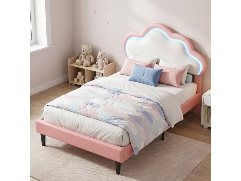  Lit simple 90x200 cm avec sommier, lit enfant, lit capitonné, blanc  - Conforama D