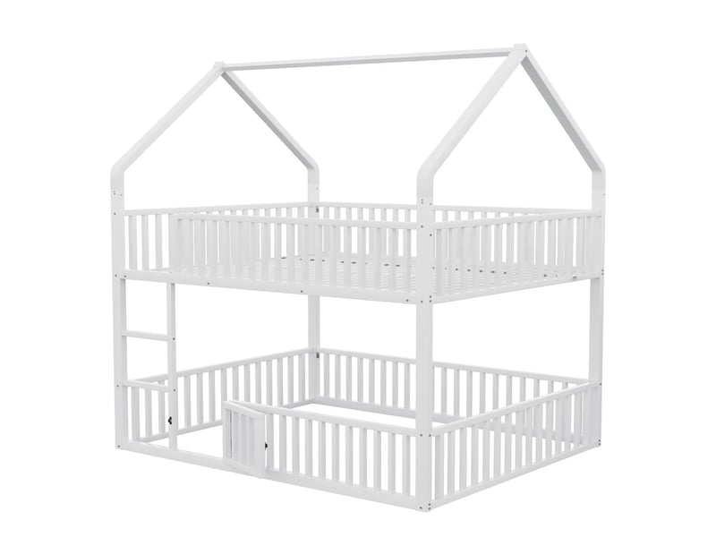  Lit superposé 140x200 - design cabane métal blanc - lit superposé enfant - petite porte, échelle, barrières  - Conforama E