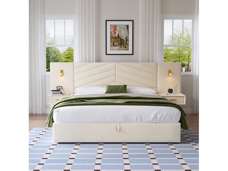  Lit coffre beige et blanc 160 x 200 cm avec 2 tables de chevet et led - 266 x 205 x 117 cm  - Conforama C