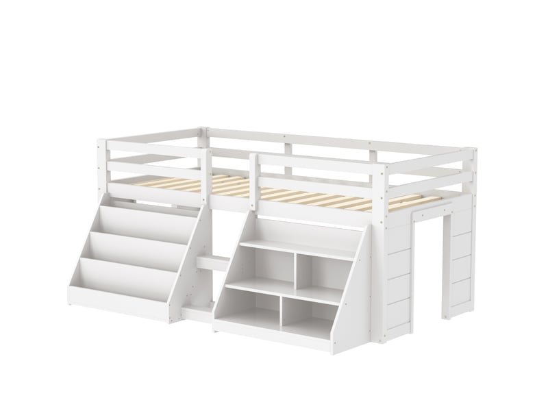 Elvmi lit mi-hauteur enfant 90x200 cm en pin et mdf blanc avec rangements ouverts, garde-corps de securite, echelle a marches et eclairage led controle par application avec minuterie et modes lumineux, style minimaliste pour cha… - Conforama A