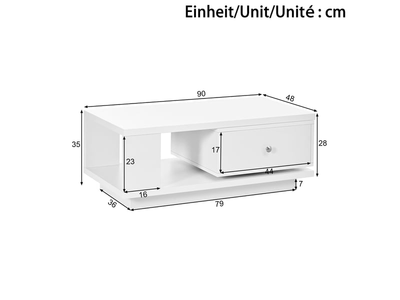 Table basse 90x48x35 cm blanche à tiroir pivotant et niche ouverte  - Conforama C