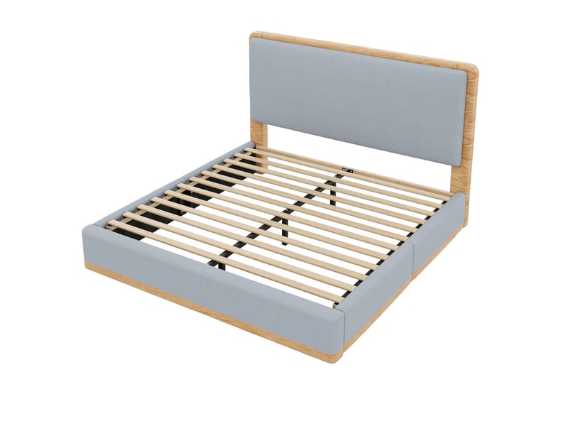  Lit double rembourré 140x200 - lit adulte avec tête de lit rembourrée - mdf+pu - tissu teddy - gris+naturel (sans matelas)  - Conforama E
