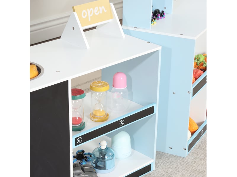  Marché ludique enfant 155x30x107,5 cm – bleu – étagères, tableau à craie et robinet avec réfrigérateur  - Conforama C